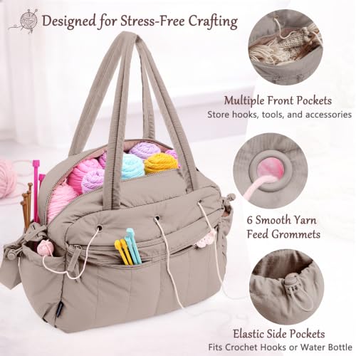 MYBAGZING Stylish Crochet Bag Organizer with Crochet Hook Case, Large Capacity Yarn Bag for Crocheting on the Go, Soft Quilted Crochet Tote with 7 Compartments, Knitting Project Carry-On Travel Gift - color: Grey