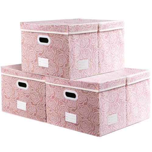 PRANDOM Extra Large Collapsible Storage Boxes with Lids Fabric Decorative Storage Bins Cubes Organizer Baskets with Cover Handles Divider for Bedroom Closet Living Room 19.6x15.7x11.8 Inch 3 Pack - color: Pink, size: X Large(3-Pack)