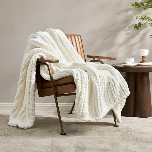 Amélie Home Chenille Chunky Knit Throw Blanket for Couch 60"x80", Ivory | Handmade Chenille Crochet Throw for Sofa Bed, Thick Cable Knitted Blankets for Room Home Decor, Birthday Gift for Women - color: Ivory, size: 60"x80"