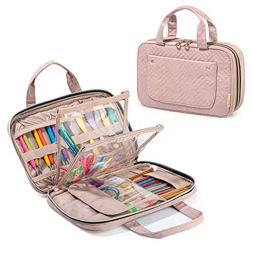 Yarwo Knitting Needles Case, Crochet Hooks Organizer with 2 Clear Pouches | Circular Needles Holder for Ergonomic Crochet Hook (up to 10.6") and Craft Yarn Kits, Top Handles, Bag Only, Dusty Rose - color: Dusty Rose