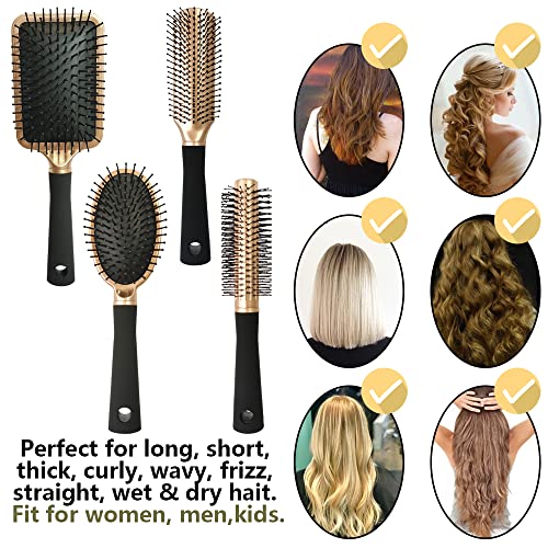 4 Pcs Hair Brush Set,Professional Styling Hair Brush for Men Women,Flexible Soft Pin Bristles for Long Thick Curly Wavy Dry Damaged Hair - color: Gold