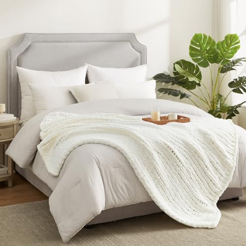 Amélie Home Chenille Chunky Knit Throw Blanket for Couch 60"x80", Ivory | Handmade Chenille Crochet Throw for Sofa Bed, Thick Cable Knitted Blankets for Room Home Decor, Birthday Gift for Women - color: Ivory, size: 60"x80"