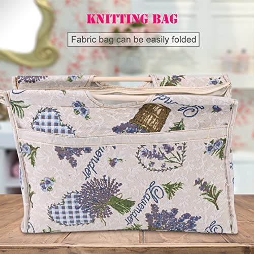 Knitting Tote Bag, Exquisite Practical Yarn Bag Woven Fabric Storage Bag wtih Wood Handle for Knitting Needles Sewing Tools - color: Purple Flower