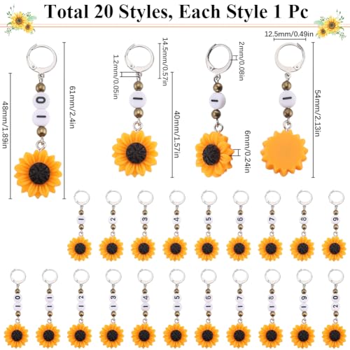 SUNNYCLUE 1 Box 20Pcs Cute Crochet Markers 1~20 Number Stitch Marker Resin Sunflower Planner Charms Knit Markers Locking Removable Leverback for Knitting Crocheting Sewing Quilting Jewelry Making