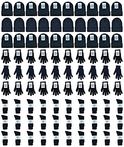 Yacht & Smith Wholesale Beanie and Glove Winter Bulk Kit, Kids Adults Bulk Sets, Homeless Donation Shelters - color: 12 Black Womens Socks + 12 Black Beanies + 12 Black Gloves