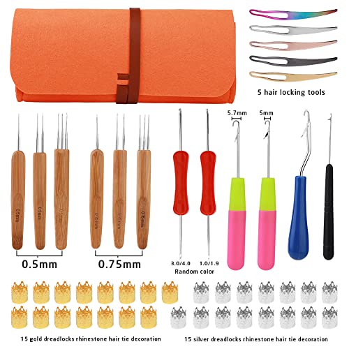 QMNNMA Crochet Needle for Locs, 48 Pcs Dreadlock Crochet Hook for Hair | Loc Tools for Interlocking, 6 Pcs Dreadlock Crochet Needle for Hair Braiding, Bent Latch Hook, Crochet Hooks with Orange Case - color: orange