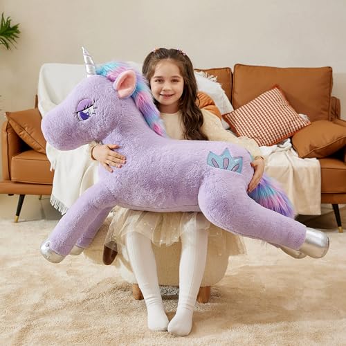 IKASA 43" Giant Unicorn Stuffed Animal Plush Toy,Full Stuffing,Zipper-Free | Extra Plump Full Body Filling, Child-Safe One-Piece Design, Cute Hugging Pillow Gift for Kids, Girls & Adults - color: Purple