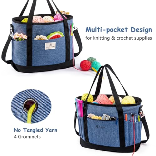 Canvas Yarn Storage Organizer Bag Washable Crochet Bag with Pockets for Yarn, Hooks, Needles – Travel Knitting Tote for Crafters – Gift for Crocheters & Knitters (Medium/Large) - color: Denim, size: Large-15”