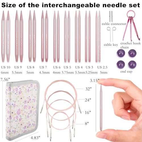 Svartur 3in Interchangeable Circular Knitting Needles Set, Short Interchangeable Knitting Needles with 4 Assorted Cables, Accessories and Case, 9 Pairs, Pink - color: Pink-3in-9 Pairs