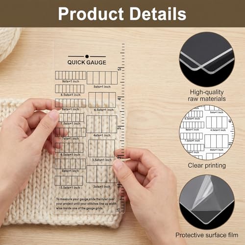 2 Pcs Quick Gauge Ruler for Knitting Crochet Clear Acrylic Stitch and Row Measurement Tool Compact Grid Design Knitting Gauge Measuring Tool for Yarn Crochet Knittings(Peel Off The Protective Film)