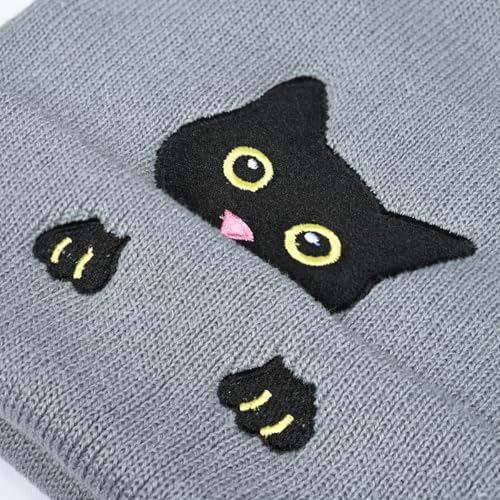 Personality Animal Head Embroidery Knit Beanie Hat for Adult and Big Kids Winter Warm Skull Cuffed Hats - color: Cat-grey