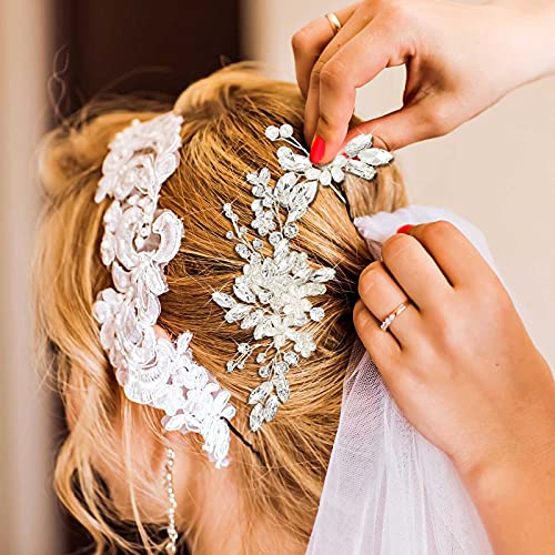 5 Pieces Silver Bridal Hair Comb Crystal Pearl Accents Flower Pins | Rhinestone Accessories for Wedding Updo, Floral Design Ideal Bride Bridesmaids, U-pin Secure Bun Hairstyles Special Occasions - color: Silver