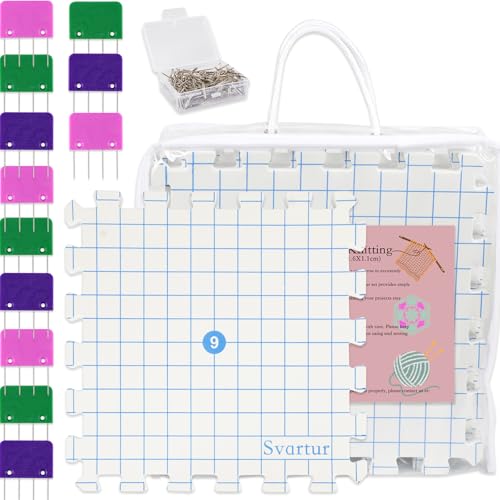 Svartur Interlocking Blocking Mat for Knitting and Crochet Projects, 9 Pack Knitting Blocking Mats with Blocking Comb Pins, T-pins, Crochet Blocking Board, Knitting Mat with Grid Line, Storage Bag - color: White-9Pack
