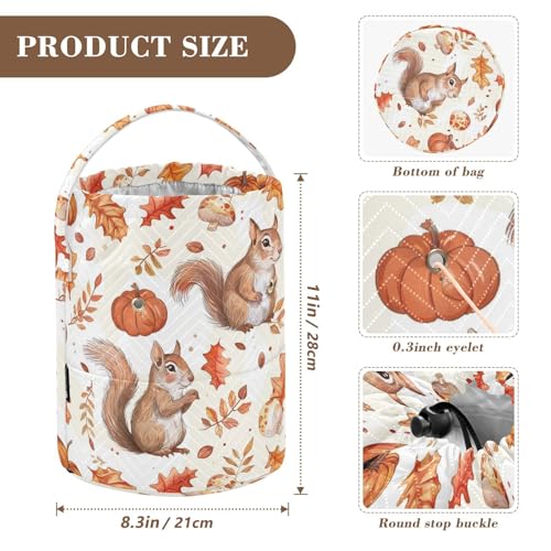 Fustylead Cute Squirrel Maple Pumpkin and Mushroom Yarn Knitting Crochet Drawstring Bag with Customized Front Compartment, Portable Large Storage Basket for Crocheting Project, Kit, Yarn Ball, Needle - color: Beige01 Squirrel