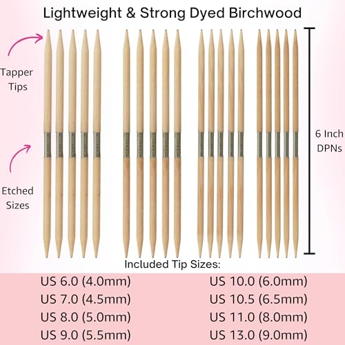 Lykke Naturale Large 6-inch DPN Knitting Needles Set | Large US 6, 7, 8, 9, 10, 10.5, 11, 13 Beige Case, Birchwood Semi-Sharp Tips, Project Bag - color: Naturale-with-Beige-Case