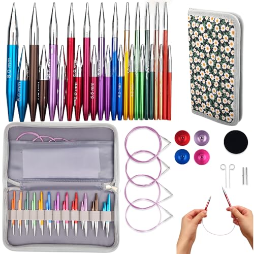 Svartur Asymmetrical Interchangeable Circular Knitting Needles, with Assorted Circular Knitting Needles and 4 Cables, Accessories and Case, 12 Pairs - color: Multicolored-Asymmetrical-12 Pairs