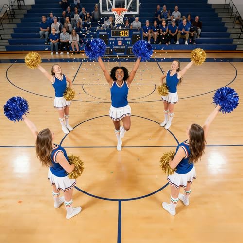 16/60/100PCS Pom Poms Cheerleading Metallic Foil Cheer Pom Poms with Plastic Handles, Cheerleader Pom Poms for Cheering Squad Team Spirited Sports Game Dance Party - color: gold and blue