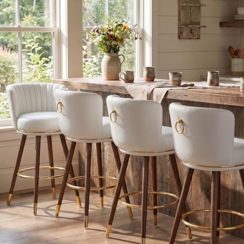 24 Inch White Leather Swivel Counter Bar Stools Set of 4 | Upholstered pleated backs, wood legs, gold footrests, 300lbs capacity swivel chairs for home kitchen islands - color: White, size: 24" Counter Height-4 Pieces