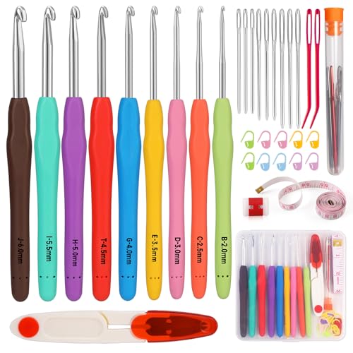Mayboos 9 Sizes Crochet Hook Set 2.0mm~6.0mm 34 Pack Crochet Hooks | Knitting Needles with Ergonomic Handles Crochet Kit for Beginners with for Crocheters Beginners - size: 9 Sizes