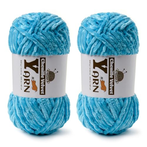 Chenille Crochet Lake Blue Yarn 2 Pack | 200g/174yds Fluffy Velvet Yarn Blanket Knitting Yarn for Crocheting Soft Baby Yarn - color: 2 Lake Blue