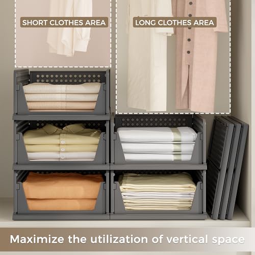 8 Pack Closet Organizer Storage Bins Stackable Plastic Drawer Shelf | Basket for Clothing Stackable Storage Bins Shelf Storage Container for Closet Wardrobe Bedroom Bathroom Office Grey Foldable - size: 8 Pack L
