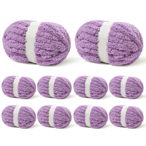10 Pack Light Purple Fuzzy Chunky Yarn for Hand Knitting, Bulky Thick Fluffy Chenille Yarn for Crocheting, 240yds/70.5oz Jumbo Crochet Yarns, Soft Chunky Knit Blanket Yarns for Crochet - color: 10 Light Purple