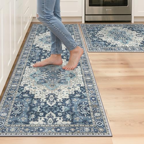 GENIMO Kitchen Rugs Set of 2, Washable Non Slip Cushioned Mats for Floor | 20"x32"&20"x59", Slate Blue vintage boho rug, soft faux cashmere, low pile, easy-clean for laundry, entryway, sink, farmhouse - color: Slate Blue, size: 20"x32"+20"x59"