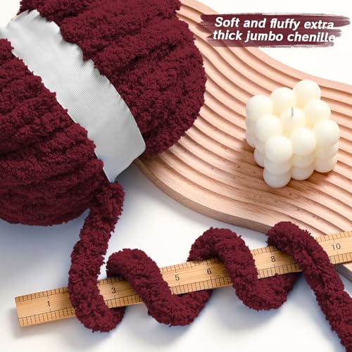 10 Pack Burgundy Fuzzy Chunky Yarn for Hand Knitting, Bulky Thick Fluffy Chenille Yarn for Crocheting, 240yds/70.5oz Jumbo Crochet Yarns, Soft Chunky Knit Blanket Yarns for Crochet - color: 10 Burgundy