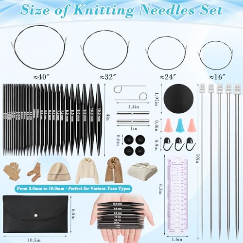 13 Pairs Interchangeable Knitting Needles Set with 4 Flexible Cables | Portable Circular Knitting Needles, 3-10 mm Smooth Aluminum Knitting Needle Kit for Beginner Projects Travel Home Knitting - color: Black