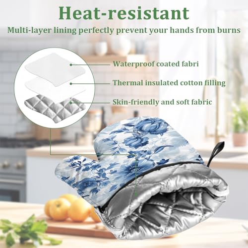 Blue White Porcelain Flower Oven Mitts and Pot Holders Sets 4 Pcs Vintage Floral Silicone Kitchen Gloves Heat Resistant Potholders for Baking Grilling BBQ - color: Porcelain Flower