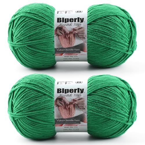 Skinny Chenille Yarn for Crocheting, #2 Green Soft Baby Blanket Fluffy Yarn | 2 Pack of 314 Yds, 3.5 Oz Sport Fingering Weight Fine Yarn, Plush Thin Velvet Yarn for knitting Blankets, Amigurumi Yarns - color: Dark Green