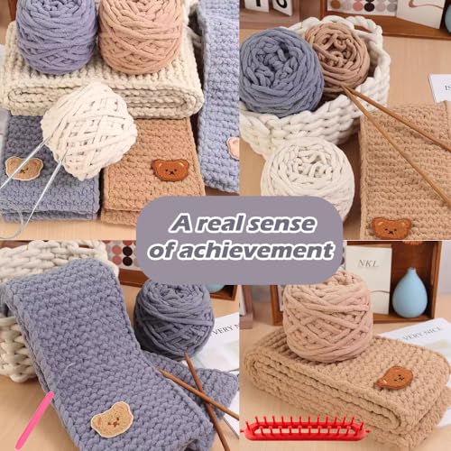 Novelchet Knitting Loom Kit for Scarf, Easy Knitting Set with Instructions | Learn to Knit kit Including Knitting Needles Set Plush Yarn - color: Gray
