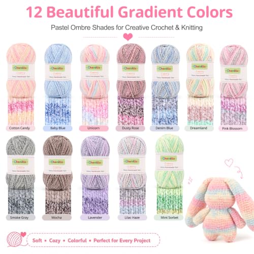 Coopay Skinny Chenille Yarn, 12 Colors Gradient Velvet Yarn for Crocheting | Sport Weight Yarn - 1.76oz/87m Each (#2), Ultra Fine Soft Crochet Yarn for Blankets, Scarves, Plushies & Handmade Projects ﻿ - color: 12 Color Gradient Tones, size: #2 Thin
