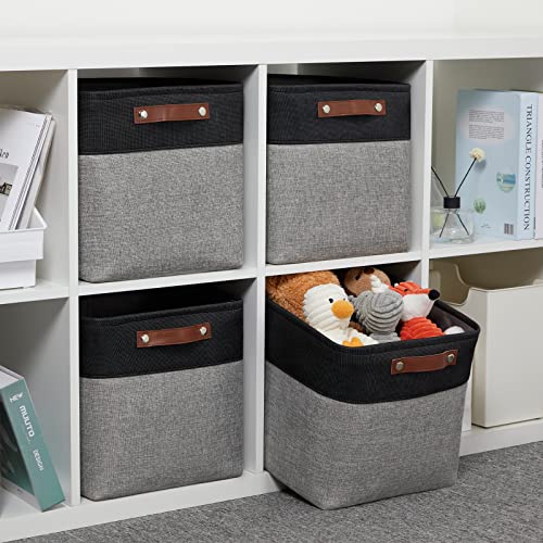 DULLEMELO Cube Collapsible Storage Bins, 12 inch Fabric Storage Cubes Bins Canvas Organization Baskets, Linen Closet Organizers Boxes for Home Organization and Storage (4 Pack - 12" Black&Grey) - color: Black&Grey, size: M-12"x 12"x12"