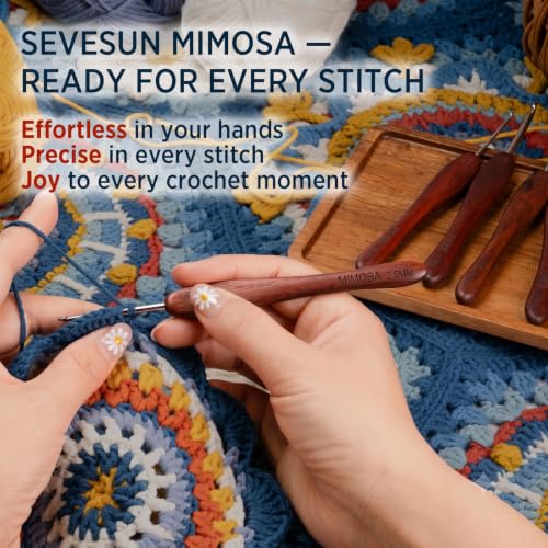 SEVENSUN Mimosa 0.8mm Single Crochet Hook, Available in 0.6mm-6.5mm, Ergonomic Hand Polished Stainless Steel Inline Pointy Wood Handle Crochet Hook for Arthritic Hands, Mother's Day Gifts for Mom - size: 0.8mm(Steel 12)