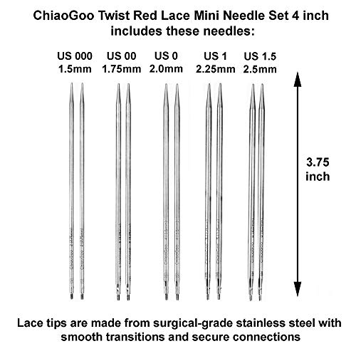 ChiaoGoo Twist Red Lace 4-inch Mini 7400-M Interchangeable Set | US 000, 00, 0, 1, 1.5, Circular Knitting Needles, Stainless Steel, 3 Mini Cables, Project Bag