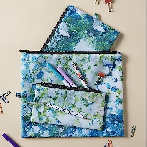 DEMDACO 1008130035 ArtLifting White Flowers Blue, Green, and White Polyester Zippered Organizer Bag Pouch Set of 3