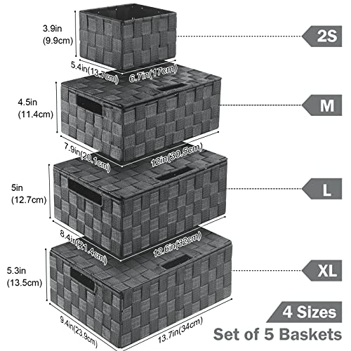 Storage Baskets with Lids: 5 Pack Stackable Woven Storage Bins, Grey | Decorative Woven Baskets for Organizing with Built-In Handles for Shelves, Closets, Cabinets and Cubbies, Gift Small Basket - color: Grey, size: 5pack with Lids