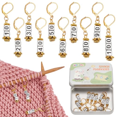 NBEADS 10 Pcs Number 10-100 Acrylic Beads Stitch Markers, Square Number Bead Crochet Knitting Stitch Marker with Leverback Loop Locking, Golden