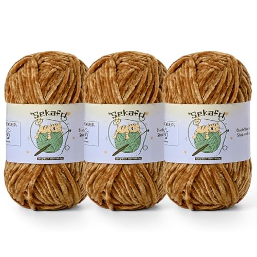 3 Pack of 300g (590yds) Fuzzy Chenille Yarn for Crocheting,Fluffy Amigurumi Crochet Yarn for DIY Craft/Hat/Clothes, Soft Velvet Baby Blanket Yarns（3 Brown） - color: 3 Brown