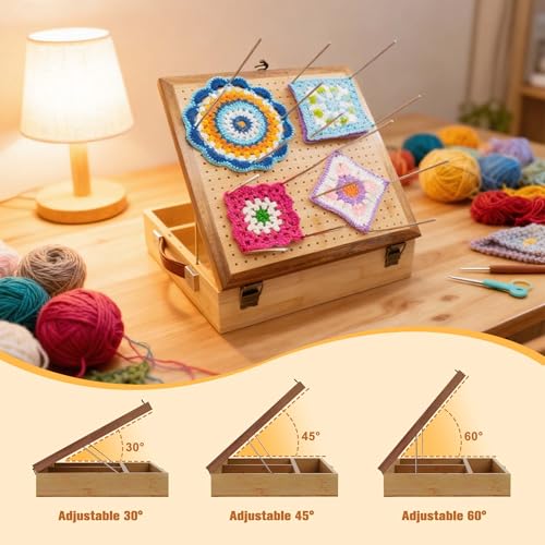 OCPO HOME 12'' Crochet Blocking Board - with Storage Drawer & 20 Pegs, Bamboo Granny Square Blocking Board for Crochet Projects, Ideal Crocheting Gifts for Crocheters - size: 12-inch