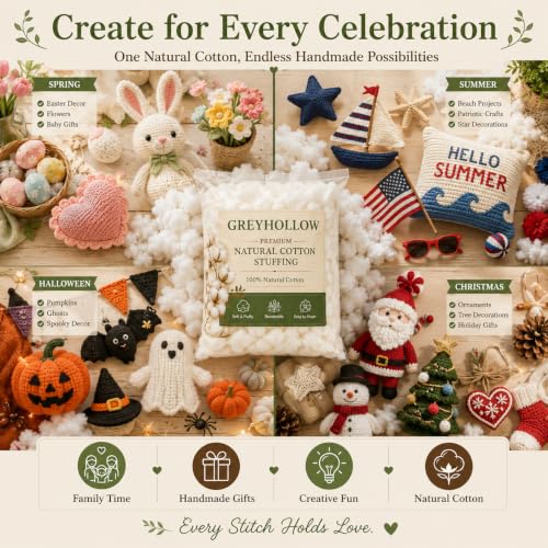 GREYHOLLOW 100% Cotton Stuffing for Stuffed Animals | 300g Natural Cotton Fiber Filling for Crafts, Crochet & DIY Projects, OEKO-TEX Certified