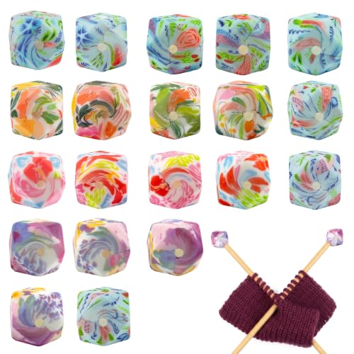 Framendino, 20 Pack Hexagon Knitting Needle Stoppers Flower Print Stitch Stopper Silicone Needles Tip Point Protector Cap for Knitted Supplies