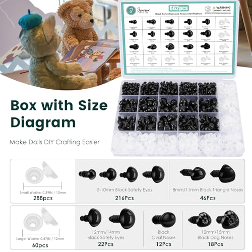 662Pcs Safety Eyes and Noses for Amigurumi, Junreox Preimum 5-14mm Safety Eyes for Crochet Stuffed Animals, Assorted Plastic Crochet Craft Eyes with Washers for Teddy Bear, Dolls, Plushies Toys, Black