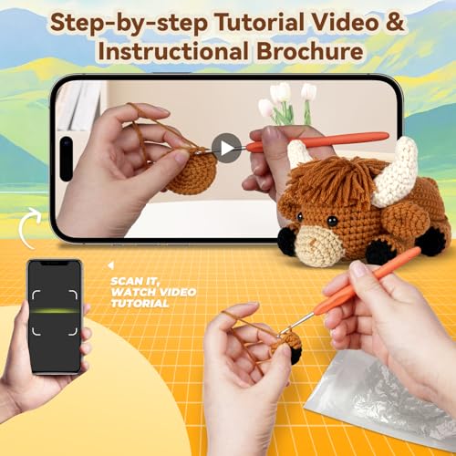 MOREJMTT Crochet kit for Beginners Adults, Learn to Crochet, Include Easy Knitting Soft Yarn, Step-by-Step Video Tutorial, Hook, Holiday Birthday Gift (Highland Cow) - color: Highland Cow