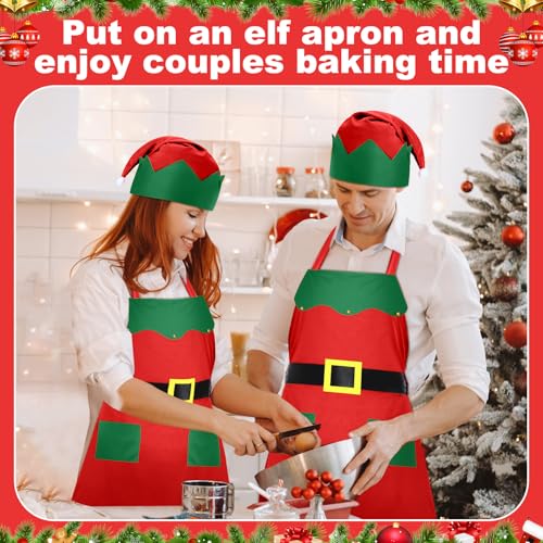 Handepo 12 Sets Christmas Apron and Hat Christmas Elf Costume Kit for Adults Women Cosplay Kitchen Xmas Holiday - color: Red, style: Classic