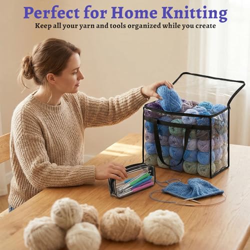 KongTiva 4 Pack 18" x 15" x 9" Large Yarn Storage Bags Set with Crochet Bag | Clear Yarn Storage Organizer with Zippers and Handles, Crochet Bag Knitting Bag for Knitting Needles Crochet Hooks
