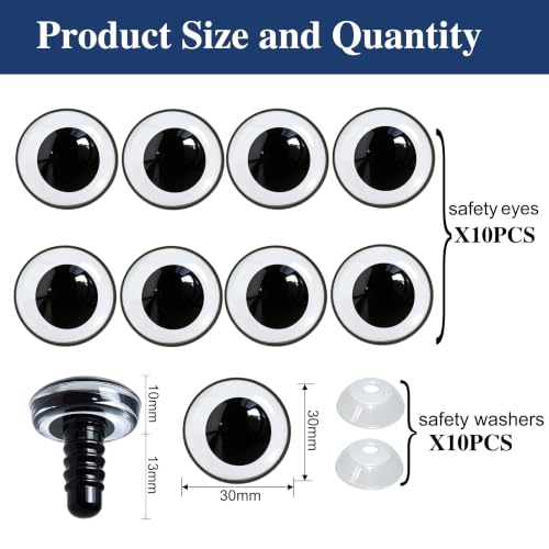 20Pcs 3D Clear Safety Eyes and Washers - Thalinfayi 30mm Round Pupils Safety Eyes Crochet Amigurumi Eyes for DIY Crochet Doll, Amigurumi, Crafts Supplies - color: Round Pupils Safety Eyes, size: 30mm(1.2inch)