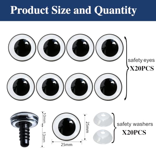 40Pcs 3D Clear Safety Eyes and Washers - Thalinfayi 25mm Round Pupils Safety Eyes Crochet Amigurumi Eyes for DIY Crochet Doll, Amigurumi, Crafts Supplies - color: Round Pupils Safety Eyes, size: 25mm(1 inch)