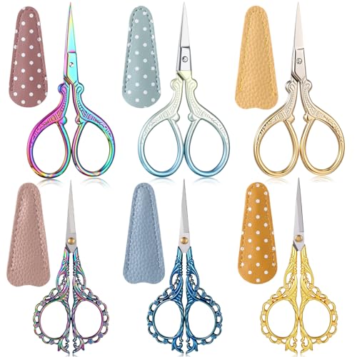 Honoson 6 Pcs Small Embroidery Scissors, 3.6", Mixed, Vibrant Colors | Sewing Scissors with Leather Cover, Sharp Tip for Needlework Cross Stitch Crochet Knitting Craft, Stainless Steel Stork Shear - color: Vibrant Colors
